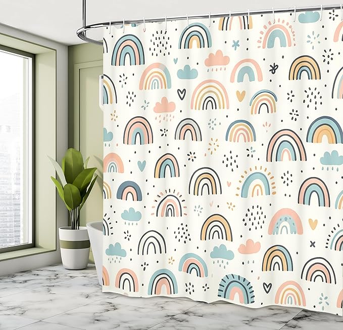 Ambesonne Rainbow Shower Curtain, Funny Scandi Art Cloud and Curving Lines Colorful Joy Happy Atmosphere, Cloth Fabric Bathroom Decor Set with Hooks, 69" W x 70" L, Ivory Blush Soft Blue