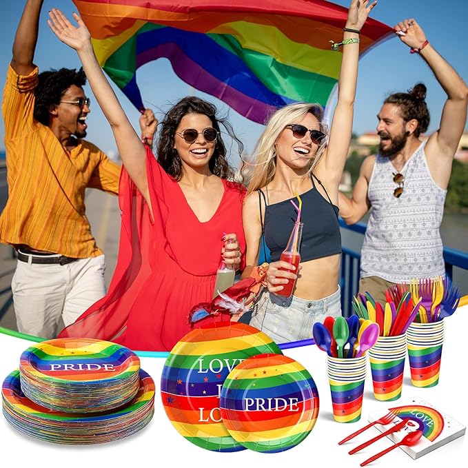 FillTouch 350 Pcs Rainbow Gay Pride Month Lgbtq Party Supplies Set Rainbow Disposable Paper Plates Love Napkins Cups Knives Forks Spoons for 50 Guests Gay Pride Party Parade Club Festival Events
