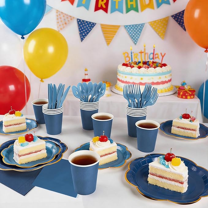 Navy Blue Paper Plates and Napkins Party Supplies for 24 Guest, 168Pcs Graduation Blue Scalloped Party Plate with Gold Rim Blue Disposable Plates Set for Birthday Party Baby Shower Gender Reveal