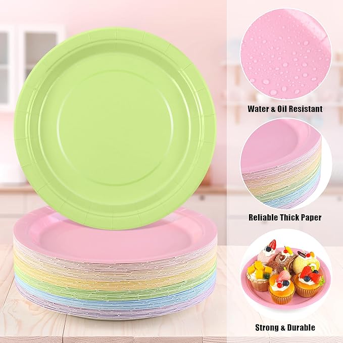 Kochorie 60 Pieces Pastel Rainbow Disposable Paper Plates 9 Inch Heavy Duty Dinner Plates, Solid Color, Table Decorations Party Supplies for Birthdays, Weddings, Daily Use