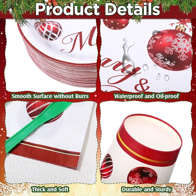 Havawish 350 Pcs Christmas Party Supplies Red Christmas Ball Disposable Tableware Set Oval Paper Plates Cups Napkins Fork Knife Spoon Dinnerware for Winter Xmas Holiday Party Table Decorations