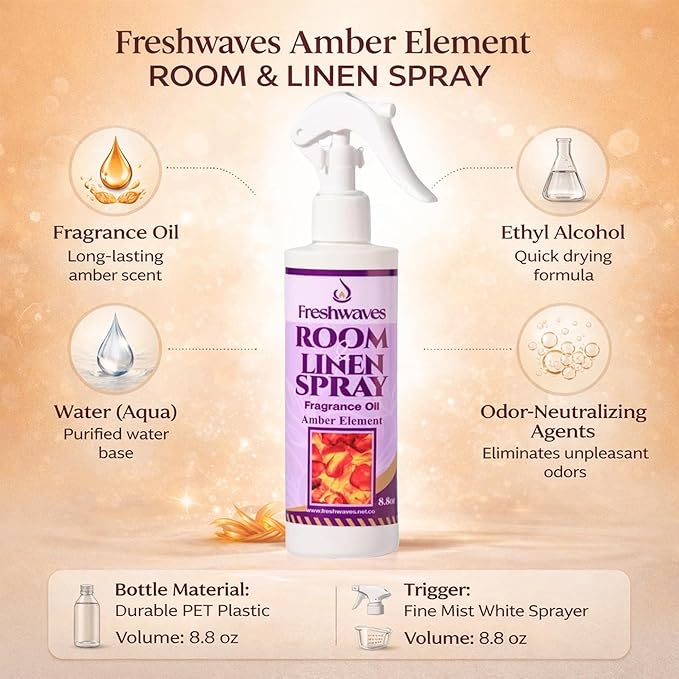 Freshwaves Amber Element Air Freshener Spray | Room & Linen Spray | Odor Eliminator for Home, Bedroom, Bathroom & Office | 8.8oz
