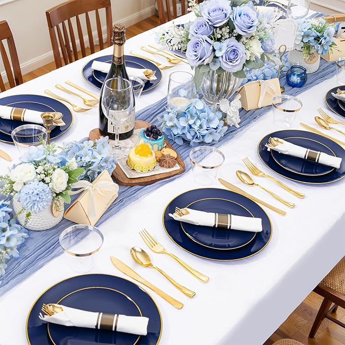 WDF 150pcs Blue plastic Plates - Navy Blue Plates Disposable - 25guest Disposable Dinnerware Sets for Party/Wedding/Birthday