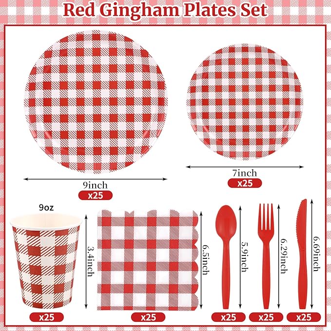 NatNarr 175 Pcs Gingham Party Supplies Include Red Gingham Plates and Napkins Cups Plastic Cutlery Disposable Picnic Party Decorations for Bbq, Pizza, Patriotic, Mothers Day
