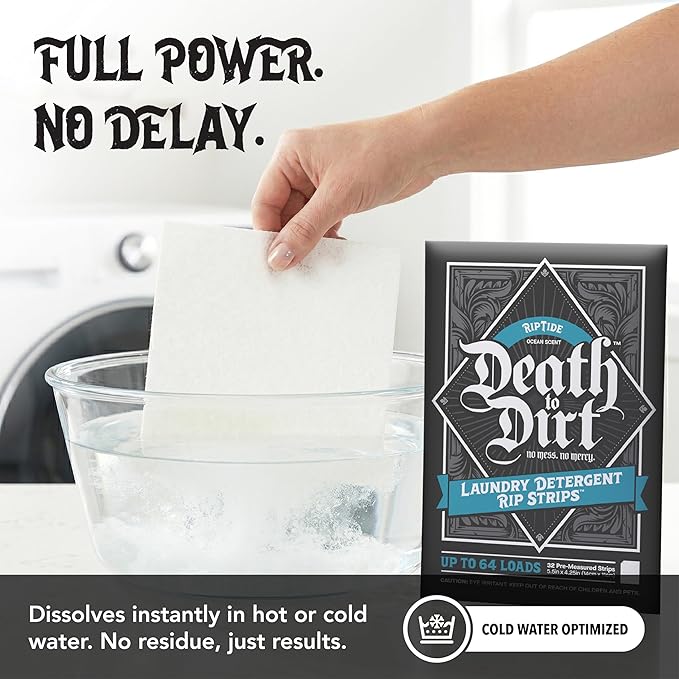 Death to Dirt Laundry Detergent Sheets, 64 Loads, Tough on Stains and Odors, Gentle on Skin and Fabric, Plant-Based & Eco-Friendly, RipTide Ocean Scent, 32ct
