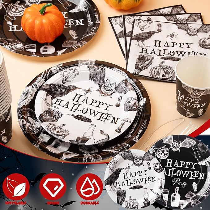 FillTouch 350 Pcs Happy Halloween Party Favor Vintage Halloween Decoration Disposable Tableware for 50 Guests 100 Pumpkin Skull Plates 50 Crows Bats Napkins 50 Cups 50 Sets Knives Fork Spoon