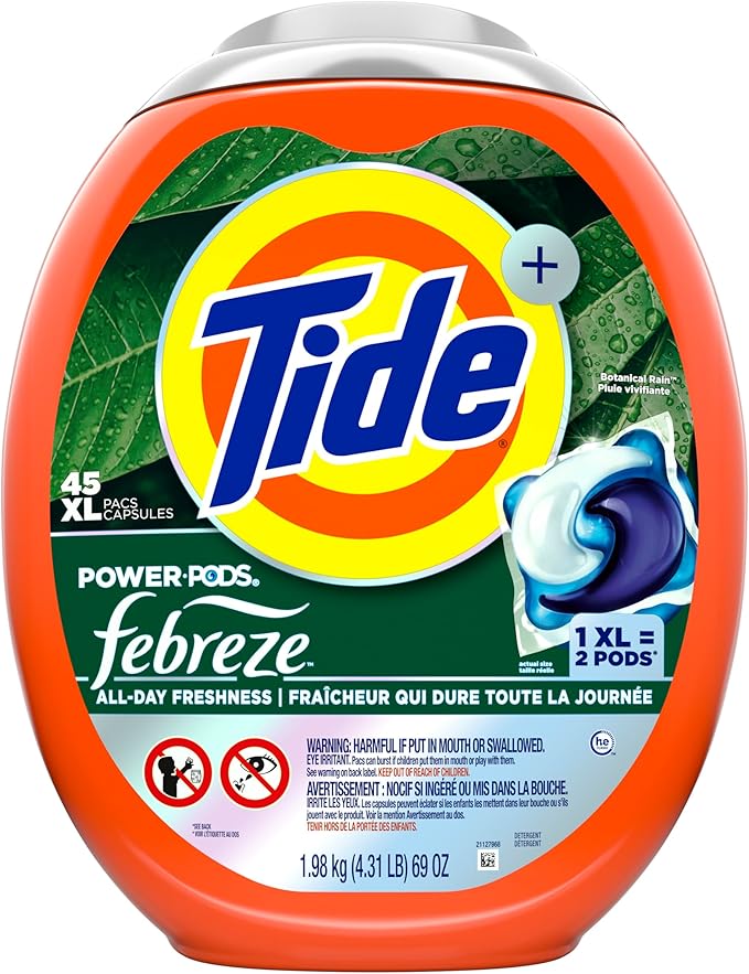 Tide Power Pods with Febreze Laundry Detergent Pacs, 45 Count, Botanical Rain Scent, All-Day Freshness