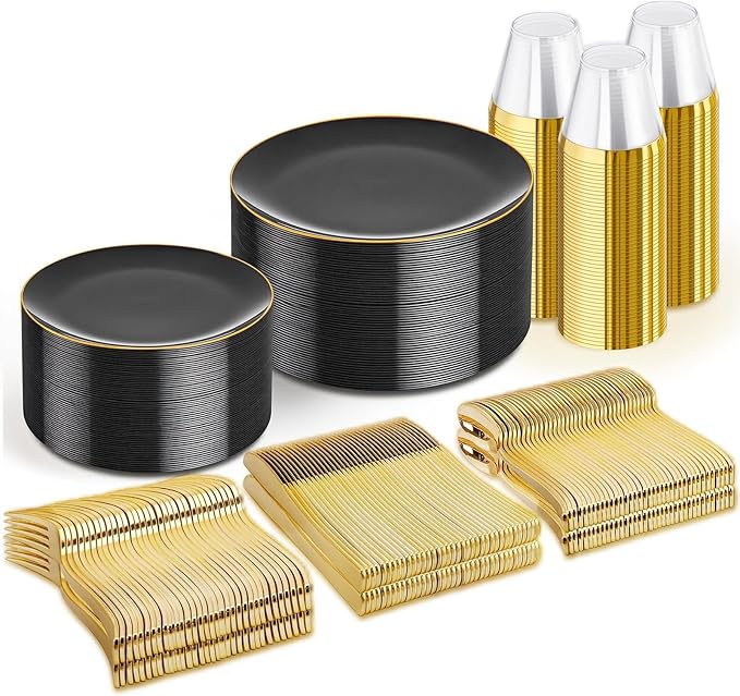 WDF 300PCS Black and Gold Plates - Black Plastic Plates for Party - 50 Guest Disposable Dinnerware Sets for Party/Wedding/Graduation/Memorial Day