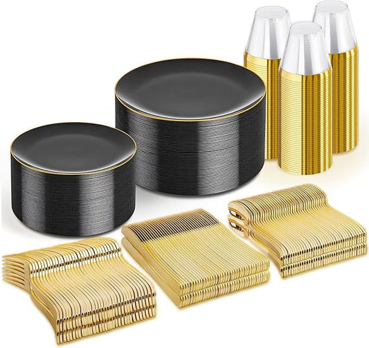 WDF 300PCS Black and Gold Plates - Black Plastic Plates for Party - 50 Guest Disposable Dinnerware Sets for Party/Wedding/Graduation/Memorial Day