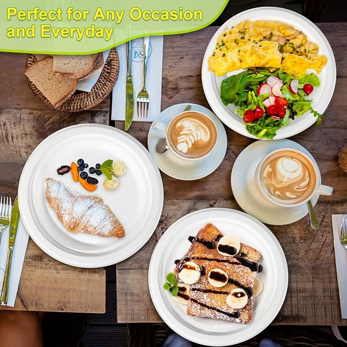 Small Plates 7 Inch, 50 Pack Disposable Dessert Cake Compostable, Eco Friendly Heavy Duty for Daily Meals, White