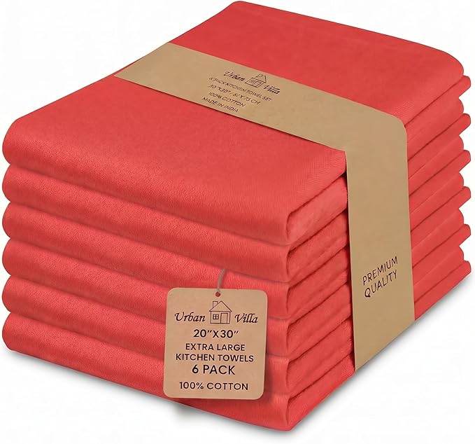 Urban Villa Kitchen Towel100% Cotton Red Color Dish Towels for Kitchen Size 20x30 inches (Set of 6) Highly Absorbent Multiuse Dish Cloths with Hanging Loop Quick Drying Soft Premium Hand &Tea Towels