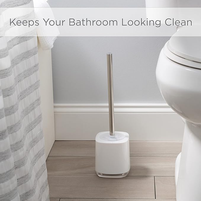 Bath Bliss Luxury Toilet Brush and Holder Set | Bathroom Cleaning | 360 Degree Brush | Short Design | Décor | Stainless Steel | White