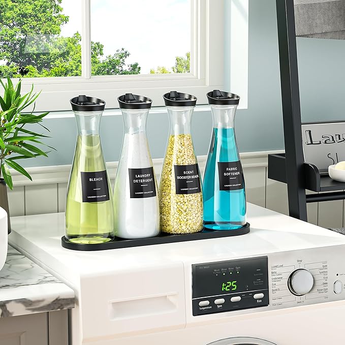 Galasily 4 Pack Laundry Detergent Dispenser Container, 54OZ Liquid Laundry Soap Dispenser with 12 Labels, Black Laundry Room Organization for Powder, and Fabric Softener