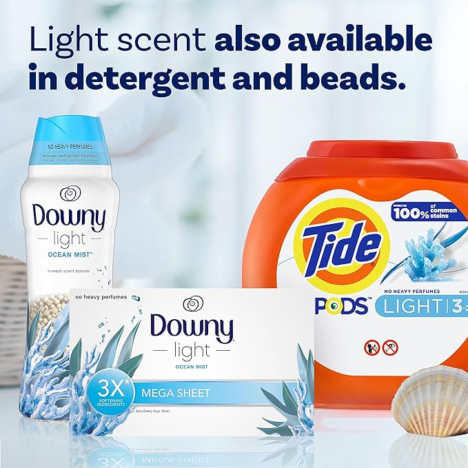 Downy Light Mega Dryer Sheets, Laundry Fabric Softener, Ocean Mist, 130 Count (Pack of 3)