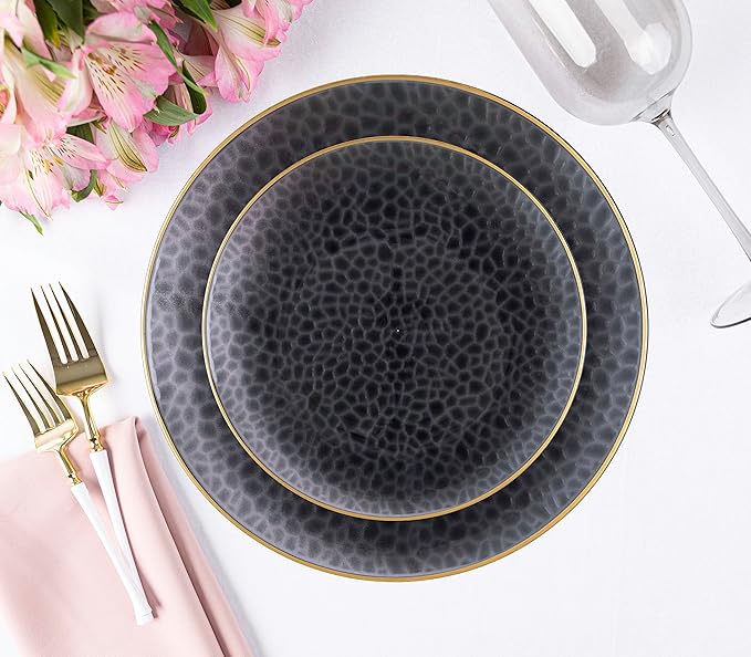 PlasticPro 30 Pack Hammered Plastic Plates Heavyweight Disposable Plastic Plates Elegant Black Transparent Plates With Gold Rim Platsic Party Dishes (Transparent Black With Gold Rim, 10'' INCH PLATES)