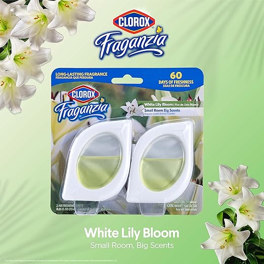 Clorox Fraganzia Small Rooms Air Freshener, White Lily Bloom - Peel & Place, No-Plug, Battery-Free for Closets, Laundry Room, Entry Way, Bathroom, Locker, 0.25 Fl Oz Each, 2 Count