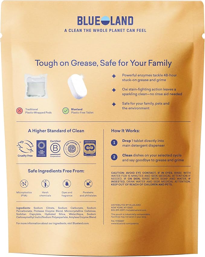 BLUELAND 100% Plastic-Free Dishwasher Detergent Tablets, 120 Count, Lemon Zest Scent, Eco Friendly Dishwashing Pods, Natural, USDA Certified biobased