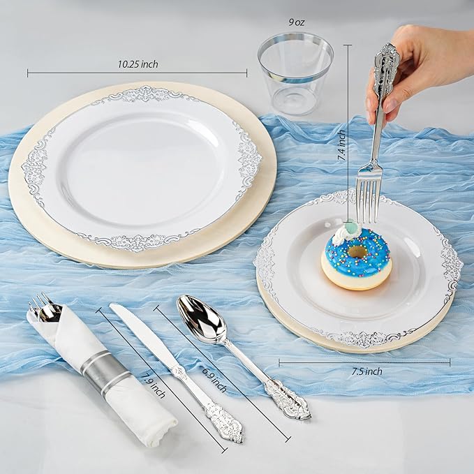 Bestluck 175PCS White and Silver Plastic Plates for 25 Guests, Disposable Dinnerware Sets Include 50 Plastic Plates, 25 Silverwares, 25 Cups, and 25 Pre Rolled Napkins for Party, Graduation