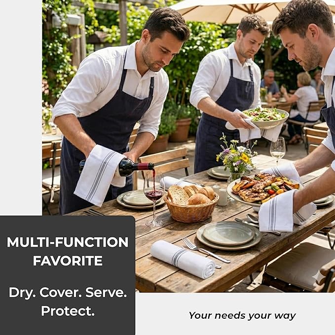 Bulk Kitchen Towels Cotton for Chefs in Commercial Restaurants - 15"X25" - 12 Pack - White Linen Tea Dish Towels - Lint Free Soft Absorbent Center Gray Striped Herringbone Weave Towles
