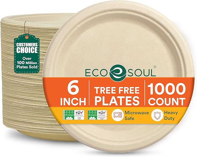 ECO SOUL Compostable Paper Plates 6 Inch, 1000 Pack – Small Disposable Dessert Plates, Heavy Duty, Natural Bagasse, Leak Resistant, Microwave Safe, Eco-Friendly Round Appetizer Plates for Party & BBQ