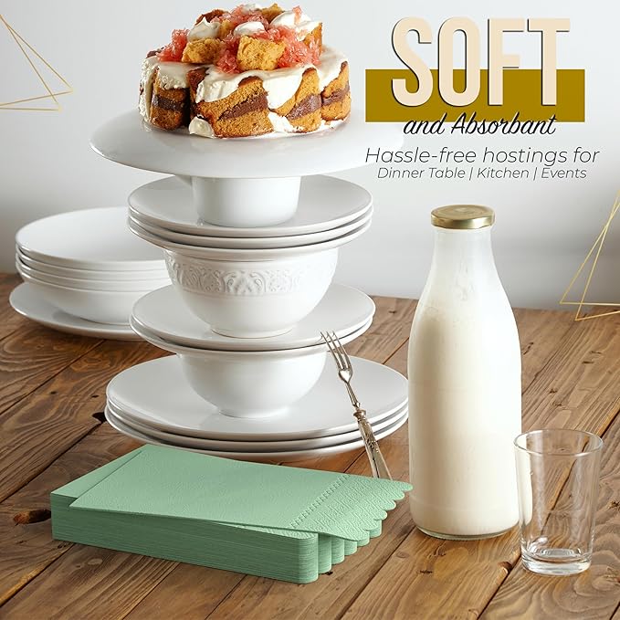 Party Solids Sage Green Scalloped Napkins Disposable 20 Pcs 3-Ply Sage Green Scalloped Dinner Napkins Disposable Decorative for Dinners & Parties, Paper Guest Towels for Bathroom & Party Supplies