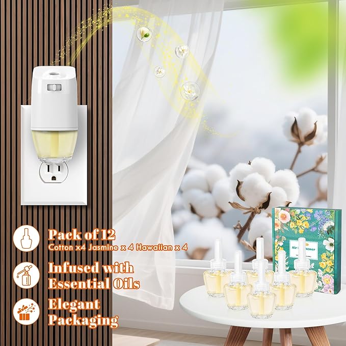 Plug In Air Freshener Refills for Home, Hawaiian, Jasmine & Cotton Scents for Bathrooms & Kitchen, 6 Count Plug Refill for Bedrooms, Office, Compatible with Air Wick & Glade, Not Include Glade Plus