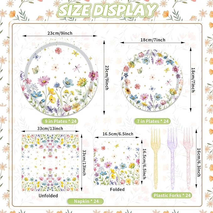 96 Pieces Wildflower Plates and Napkins, Spring Floral Flower Disposable Tableware with Paper Plates Napkins Forks for Wildflower Party Supplies, Birthday Baby Shower Tea Party Decorations, Serves 24