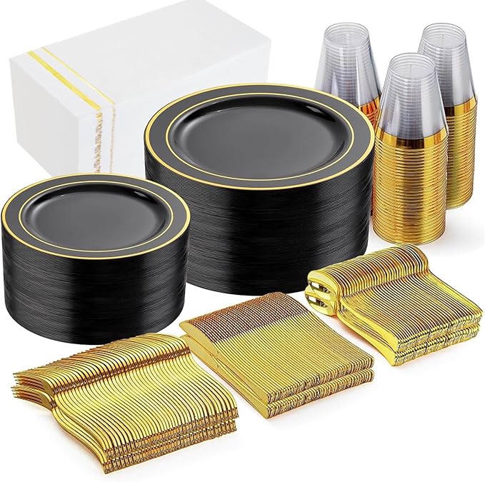 GATHER 350PCS Black Plastic Plates - Black and Gold Disposable Dinnerware Set Include 100 Plates, 150 Gold Silverware, 50 Napkins, 50 Cups for Party & Wedding & Birthday & Graduation