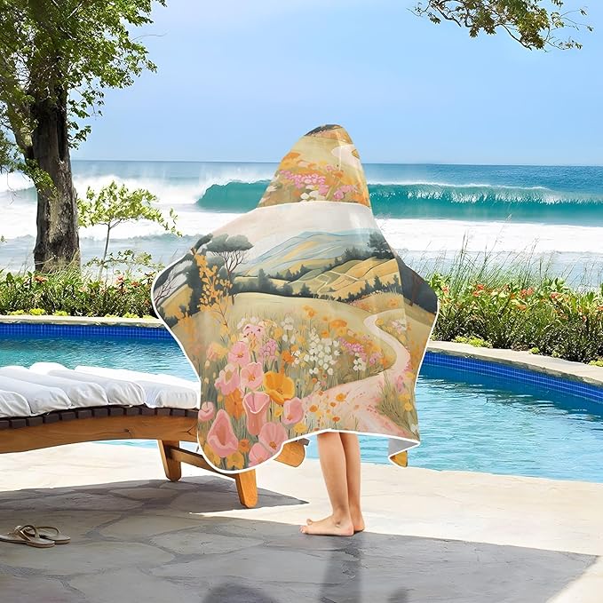 Hooded Towel for Kids Floral Path Painting Beach Wrap Bath Towels 50x23.5in