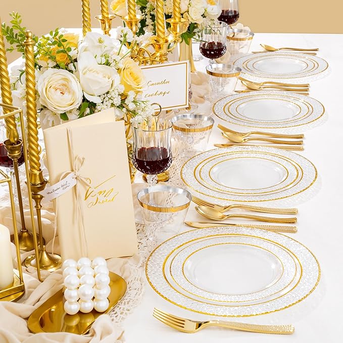 Ciaell 150PCS Clear Gold Plastic Plates - Disposable Gold Rim Plates include 25Dinner Plate, 25Dessert Plate, 25Forks, 25Knives, 25Spoons, 25Cups for Wedding & Party