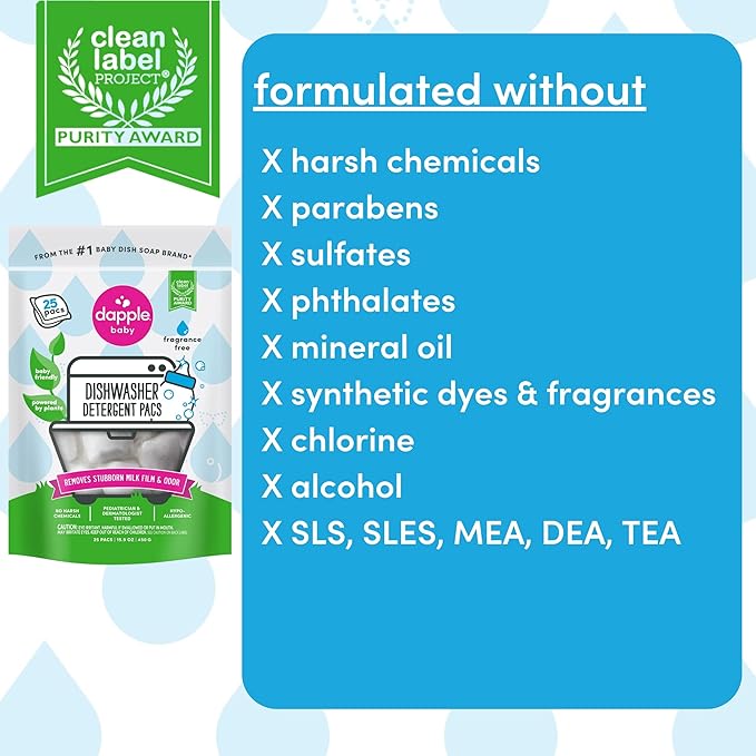 Dapple Baby Dishwasher Detergent Pods - 25 Count - Fragrance-Free, Hypoallergenic & Plant-Powered Dishwasher Pacs - Removes Milk Residue From Baby Bottles