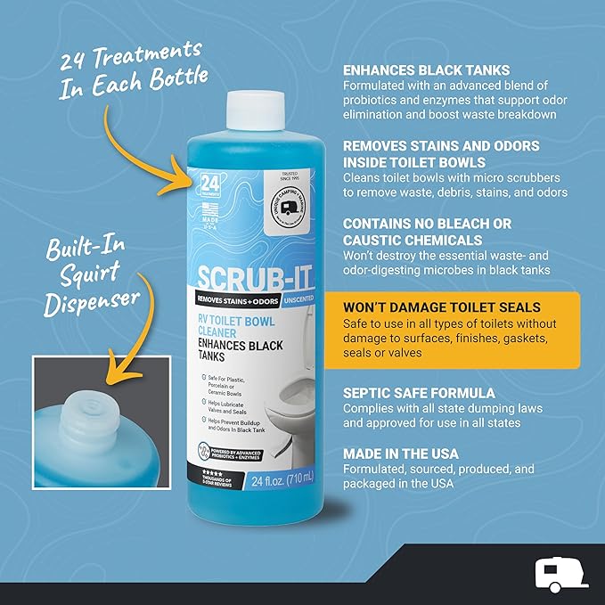 Unique RV Toilet Cleaner Bundle, Scrub-It Liquid 24 oz. (Pack of 2) and RV Toilet Brush, Value Pack