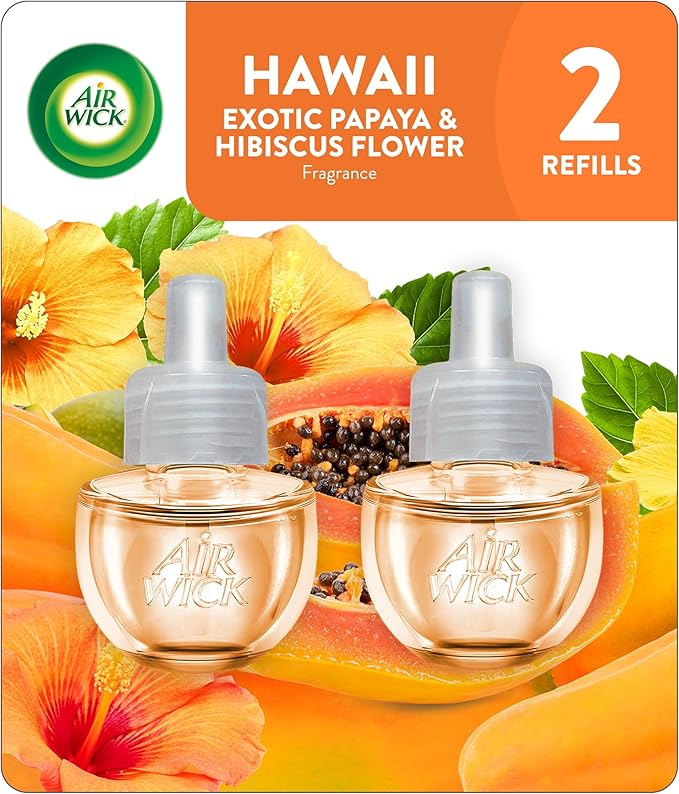 Air Wick Plug in Scented Oil Refill, Infused with Essential Oils, Air Fresheners for Home, Hawaii Exotic Papaya & Hibiscus Flower, 2 ct