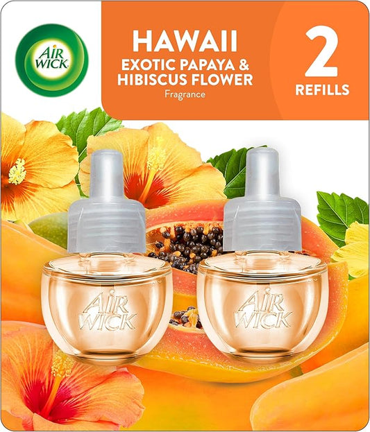 Air Wick Plug in Scented Oil Refill, Infused with Essential Oils, Air Fresheners for Home, Hawaii Exotic Papaya & Hibiscus Flower, 2 ct