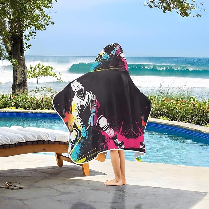 Hooded Towel for Kids Colorful Hockey Player Beach Wrap Bath Towels 50x23.5in