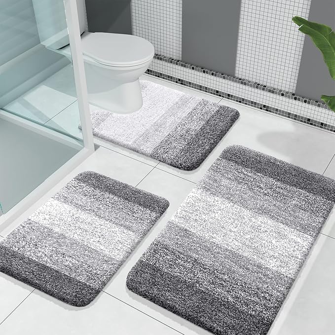 OLANLY Bathroom Rugs Sets 3 Piece, Soft Absorbent Microfiber Bath Mats and U-Shaped Contour Toilet Rug, Machine Wash Dry, Plush Shaggy Bath Mat Set for Bathroom (30"x20"+24"x16"+24"x20", Grey)