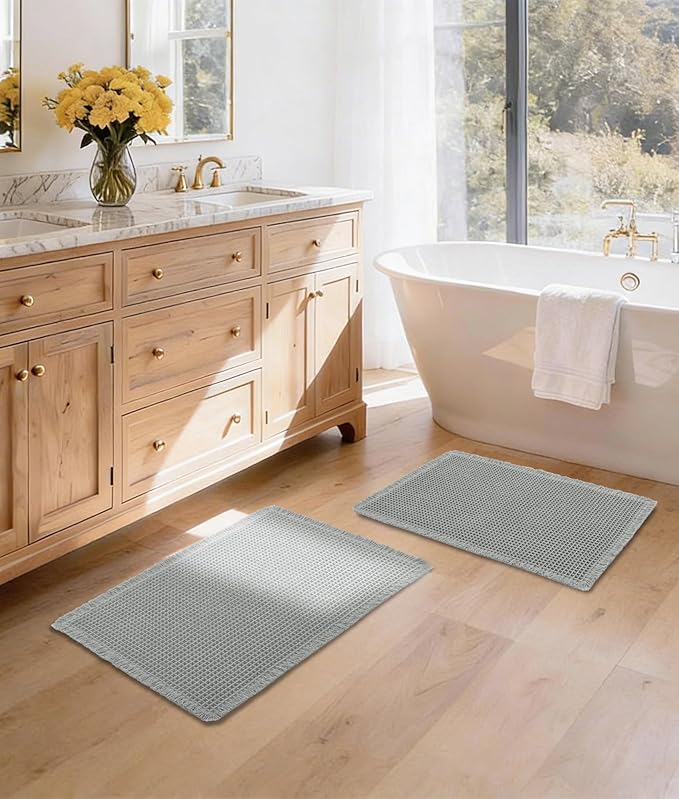 DWCN Waffle Bathroom Mat Set, Super Absorbent Non Slip Bath Rug Set for Bathroom Floor, Shower Mats 2 Pcs for Tub, Washable Kitchen Rugs for Farmhouse Boho Home Decor, 24 x 16 Inch, Grey