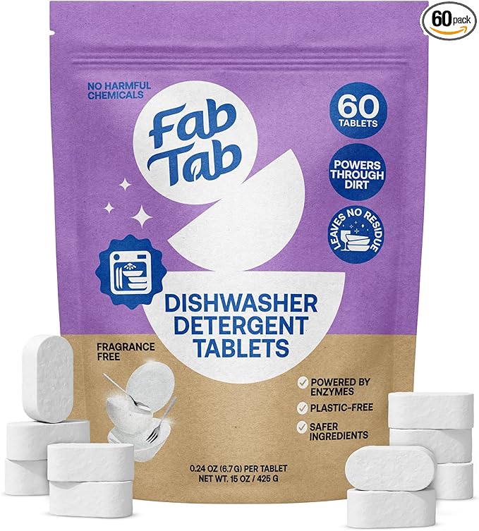 Fab Tab 100% Plastic-Free Dishwasher Detergent Tablets, Clean Ingredients, Fragrance Free, No Residue, Powerful Enzyme-Based Dishwasher Pods, 60 Count.