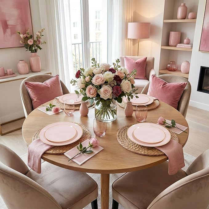 WDF 300Pcs Pink Plates Disposable - Pink and Gold Plastic Dinnerware Set for 50 Guests Include 50 Dinner & Cake Plates & 50 Disposable Cutlery & 50 9oz Cups for Wedding/Baby Shower/Birthday