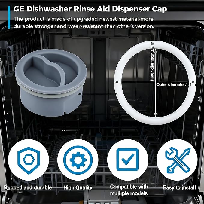 2 Pack WD12X10122 Dishwasher Rinse Aid Dispenser Cap Compatible with GE Dishwashers – Replaces PS958932, EAP958919, WD12X10102, WD12X10200 – Durable Leak-Proof Replacement Part