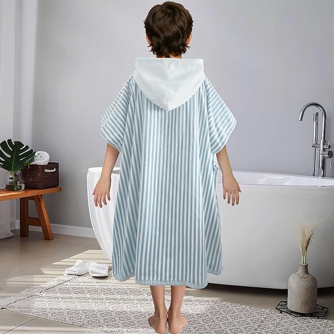 VOOVA & MOVAS Hooded Poncho Towel for Teens Unisex 100% Cotton Calm Gentle Beach Swim Bath Cover Up Teal White Stripe