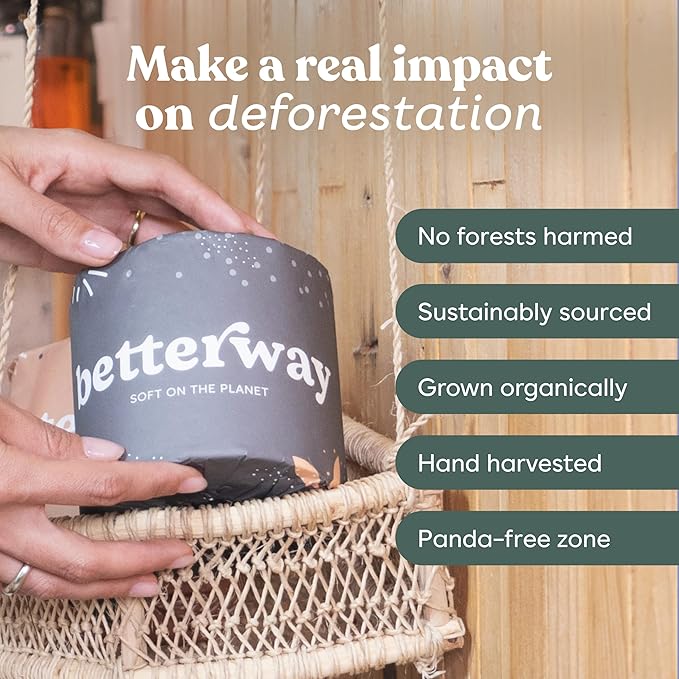 Betterway Bamboo Toilet Paper 3 Ply - Sustainable Toilet Tissue - 12 Long-Lasting Rolls & 360 Sheets Per Roll - Septic Safe - Organic, Plastic & PFAS Free - FSC Certified