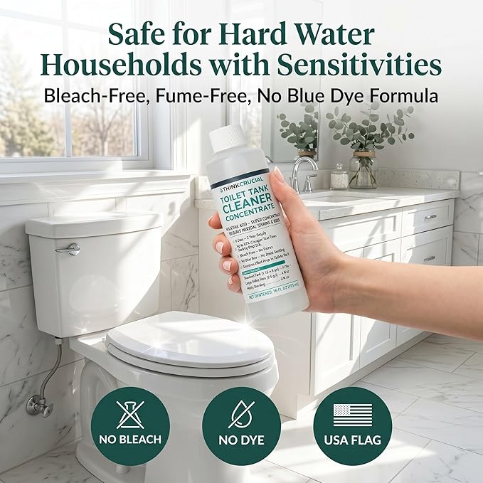 Think Crucial Toilet Tank Cleaner Concentrate — 35% Citric Acid, 8 Uses, Bleach-Free, No Blue Dye, Septic Safe — 16 fl oz
