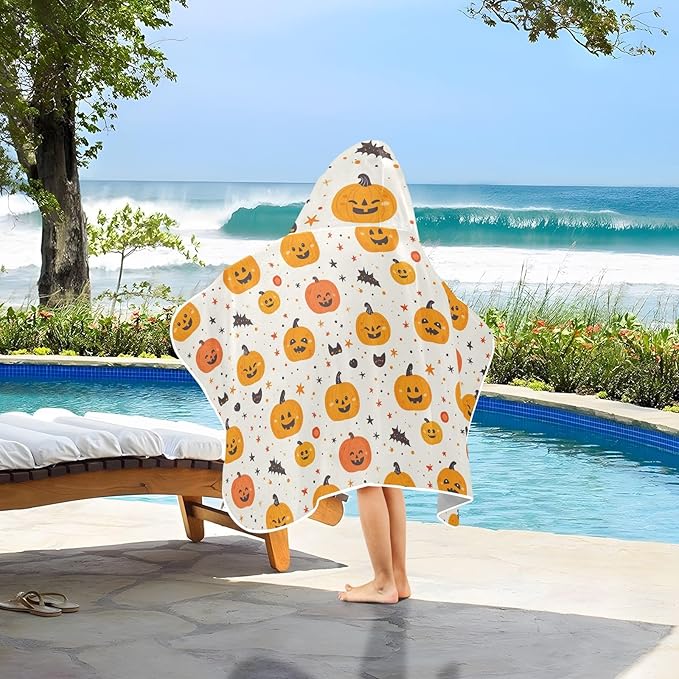 Kid Beach Towel Halloween Cartoon Pumpkins White Hooded Towels for Toddlers Lightweight Bath Towels with Hood