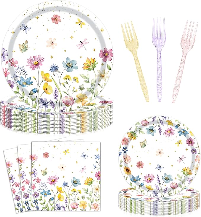 96 Pieces Wildflower Plates and Napkins, Spring Floral Flower Disposable Tableware with Paper Plates Napkins Forks for Wildflower Party Supplies, Birthday Baby Shower Tea Party Decorations, Serves 24