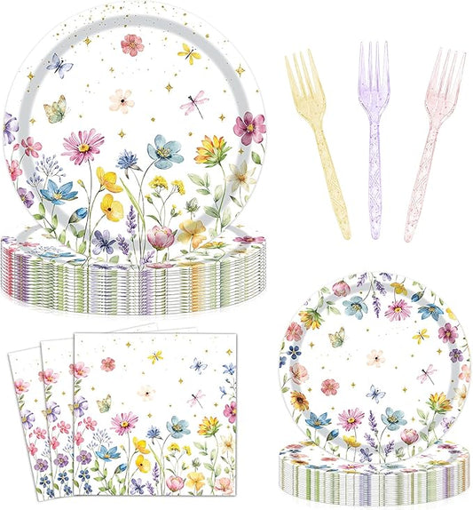 96 Pieces Wildflower Plates and Napkins, Spring Floral Flower Disposable Tableware with Paper Plates Napkins Forks for Wildflower Party Supplies, Birthday Baby Shower Tea Party Decorations, Serves 24