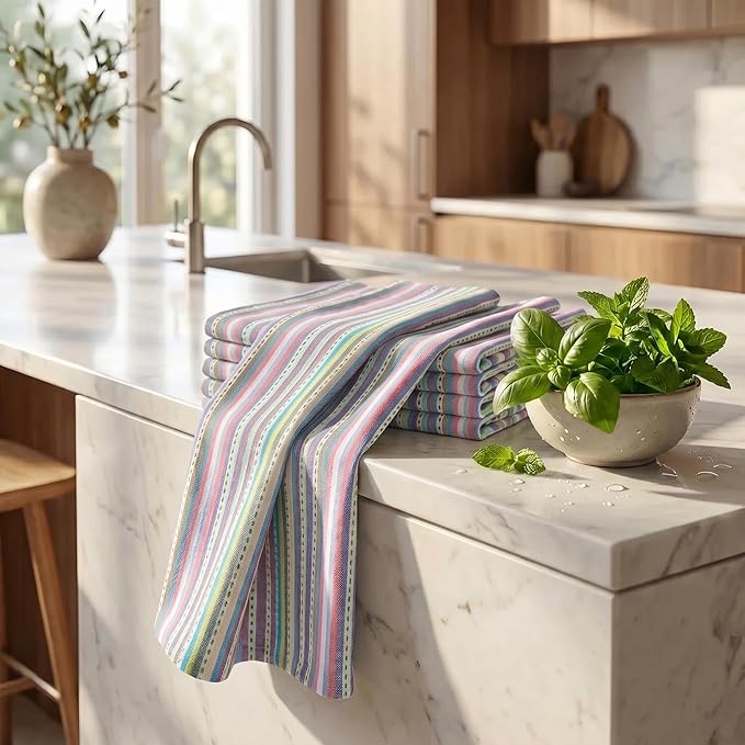 Urban Villa Kitchen Towels 100% Cotton Dish Towels for Kitchen(Set of 6)20”x30” Dish Cloths Highly Absorbent Kitchen Linen Set with Hanging Loop Perfect for Drying Dishes Cleaning Towels-Blue Stripes