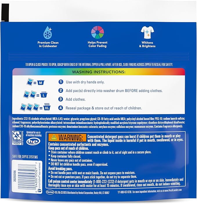 Persil Ultra Pacs Original Everyday Clean Laundry Detergent, 16 Count, No Mess, Single-Dose Laundry Soap, Deep Clean Fabric Care for Colors & Whites, All Water Temperatures, HE Safe
