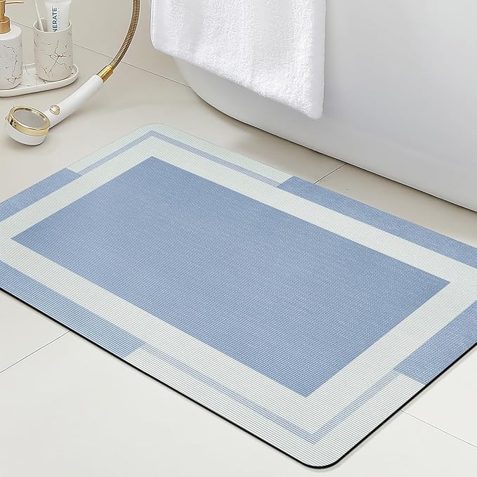 ACCUMTEK Non Slip Bath Mat, Thin Bathroom Rugs Fit Under Door, Quick Dry Bath Mats, Machine Washable Bath Rugs for Bathroom, Bathtub & Kitchen, Bathtub & Kitchen, Blue/Bordered/32 x20