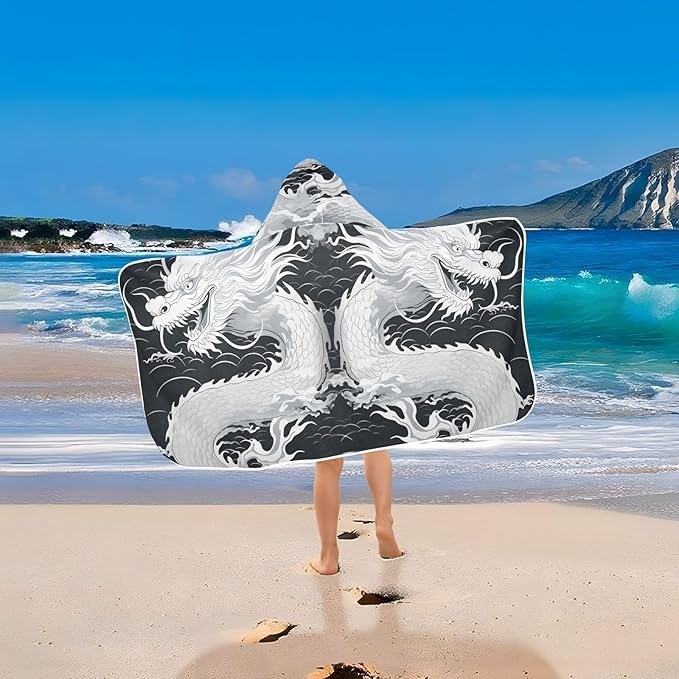 Hooded Towel for Kids Dragon in The Wave Beach Wrap Bath Towels 50x23.5in